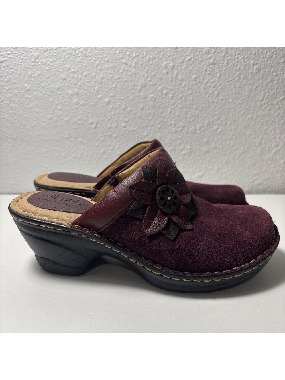 Softspots Maroon Suede Leather Heels Clogs Mules Women’s Size 6.5 M